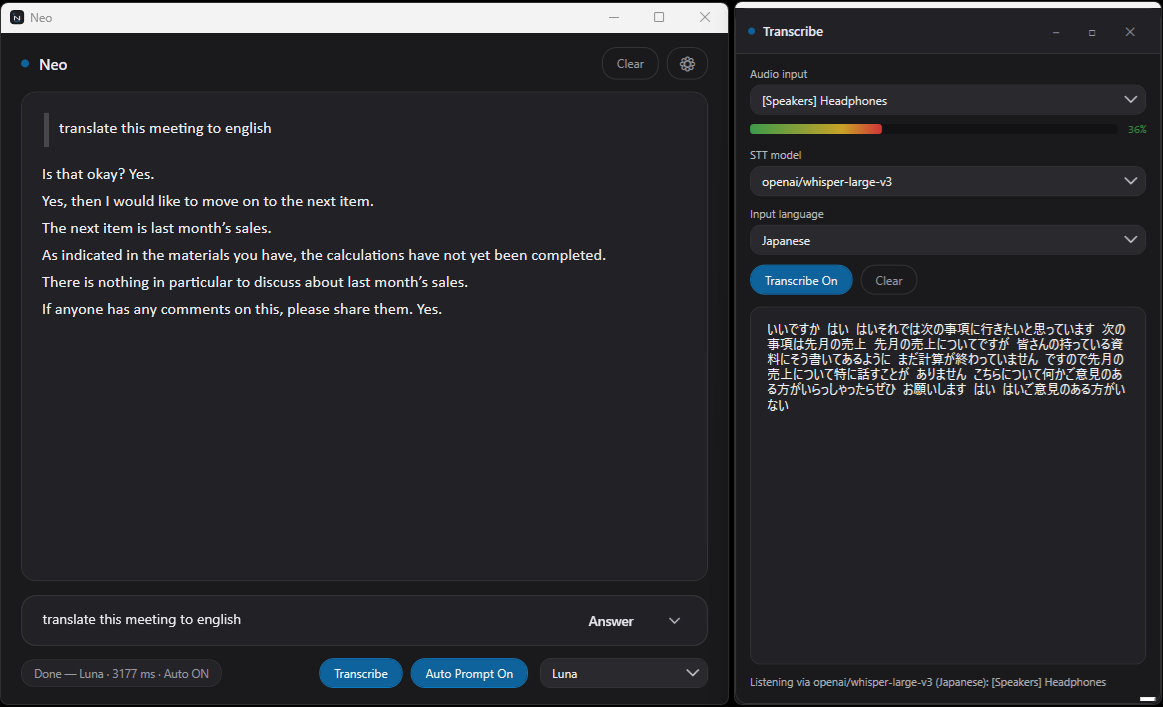 Auto Prompt translating a live Japanese meeting into English as it happens