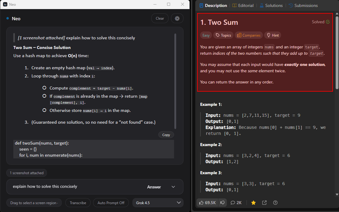 A practice problem captured with region select; Neo explains the approach step by step with code